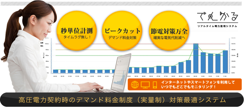 秒単位計測 タイムラグ無し ピークカット デマンド料金対策 節電対策万全 確実な電気代削減へ インターネットやスマートフォンを利用していつでもどこでもモニタリング 高圧電力契約時のデマンド料金制度(実量制)対策最適システム
